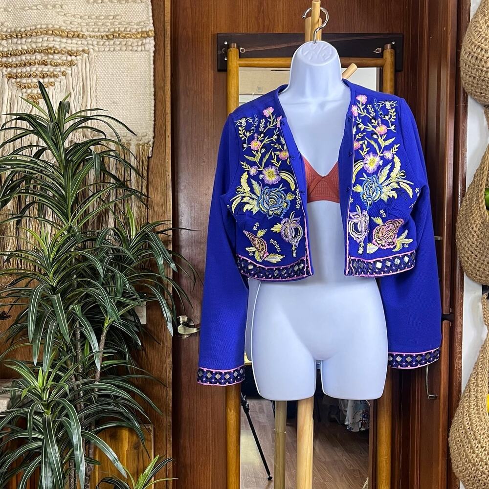 Embroidered Mirror Cropped Jacket Royal Purple M Floral Textured Boho Statement